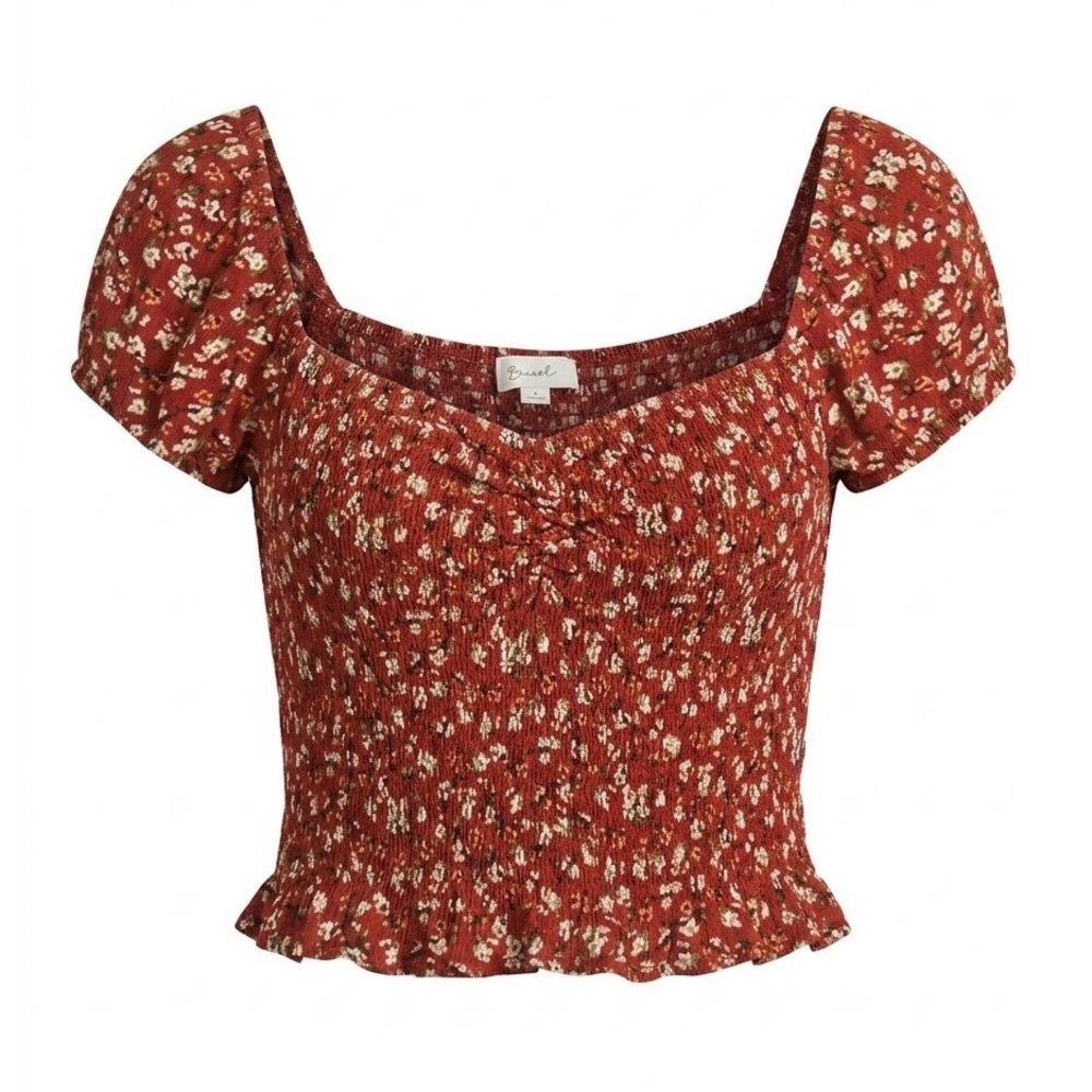 Beceel Smocked Floral Crop Top Women Small Rust Ditsy Puff Sleeve Sweetheart